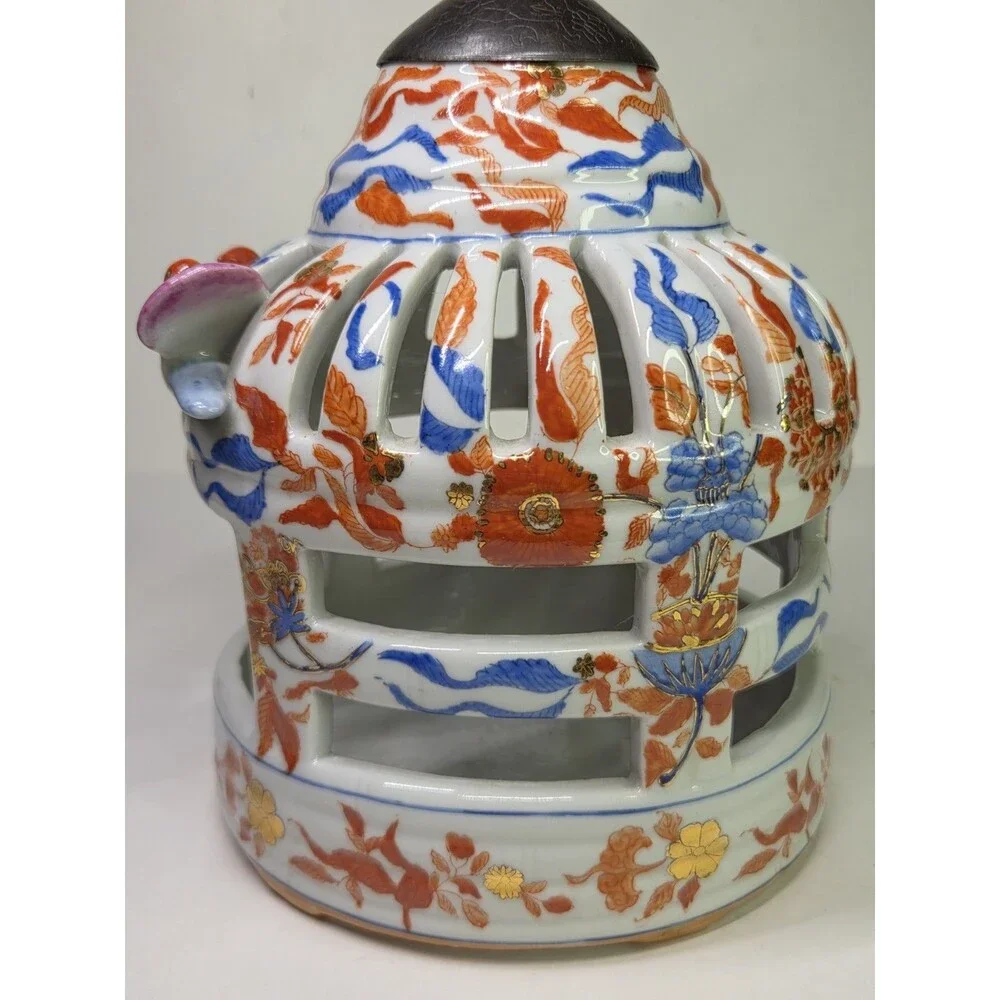 Vintage Chinoiserie Ceramic Bird Cage Candle Holder Lantern Hanger Gold Imari